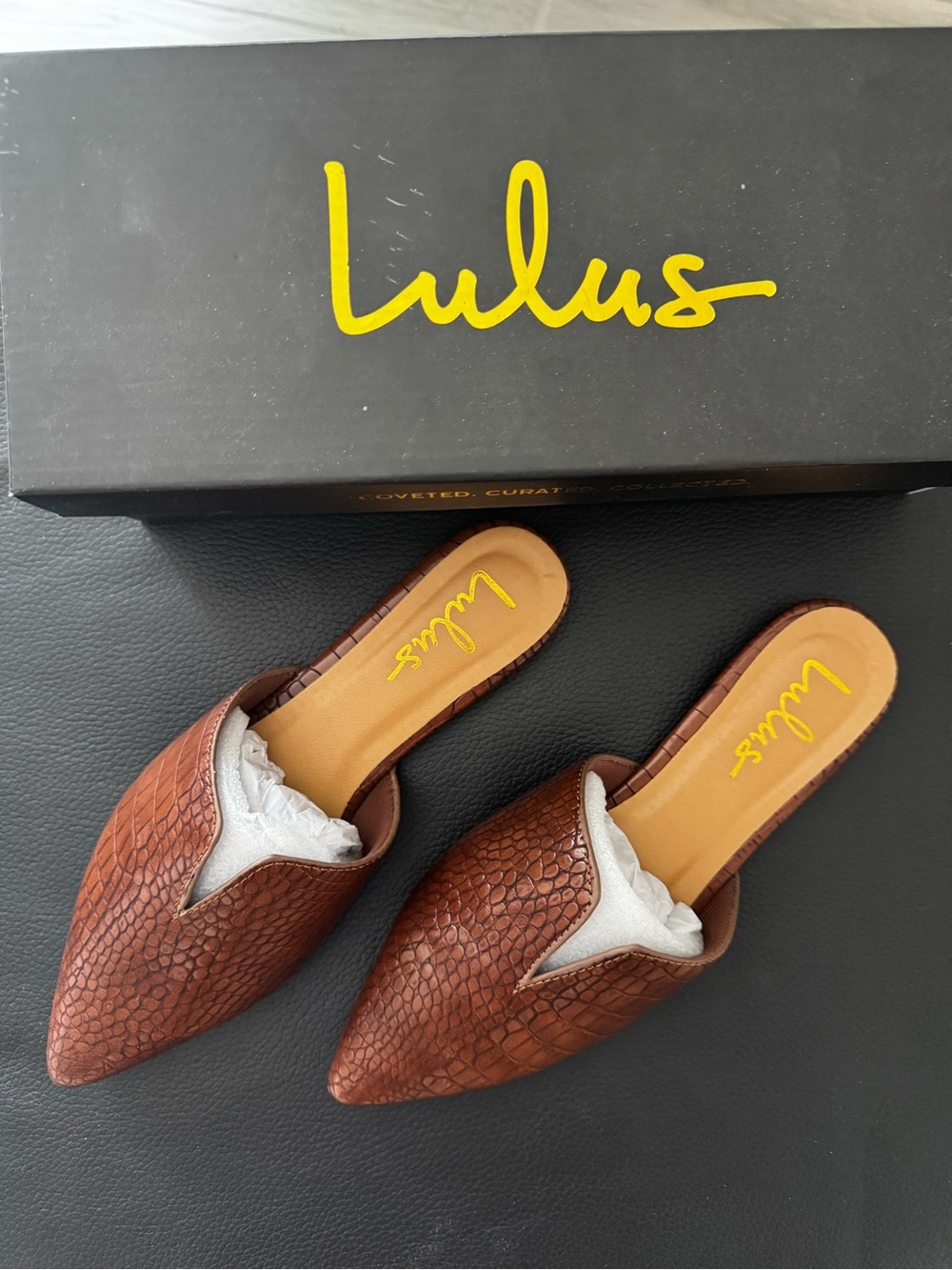 Lulu's Brown Faux-Croc Pointed-Toe Slip-On Mules